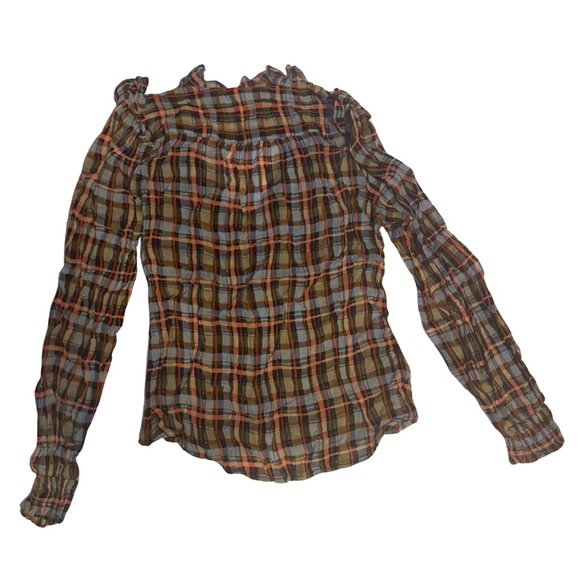 MAEVE BY ANTHROPOLOGIE PLAID RUFFLE LONG SLEEVE BLOUSE - Picture 2 of 3